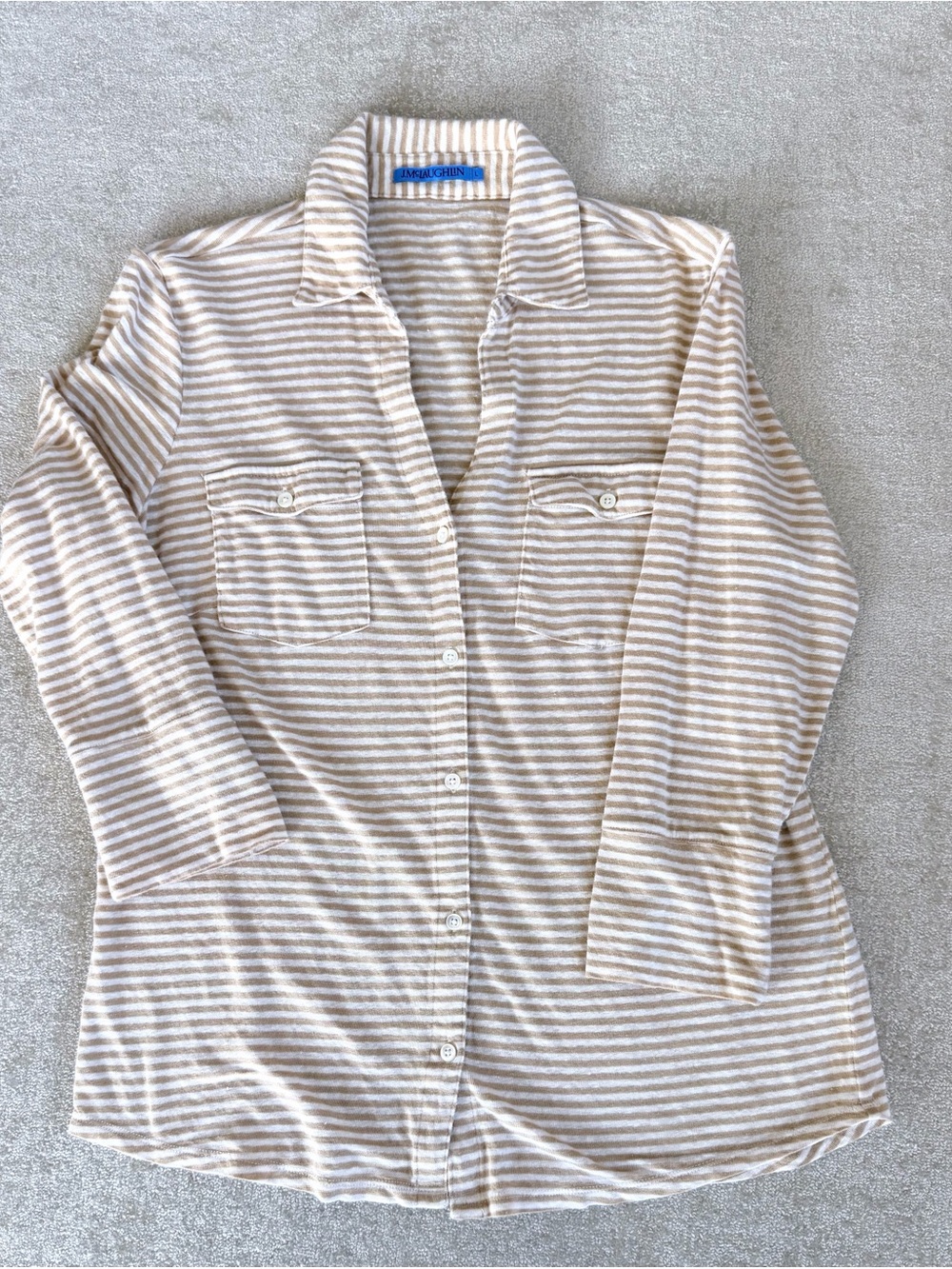 J.McLaughlin Linen Stripe Button Down Shirt Tan White Large